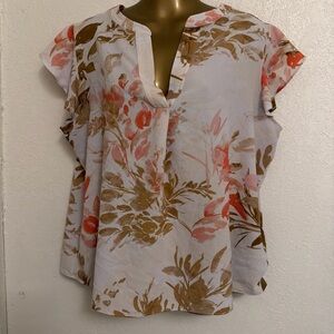 Calvin Klein White Floral Blouse Top Size 2X V Neck Ruffle Sleeve
